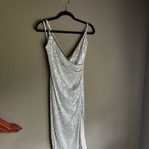 Baltic Born Silver Sequin Asymmetrical Gown